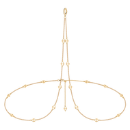 Elegant gold body chain with geometric links, featuring a delicate chain design that connects in a symmetrical pattern.